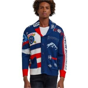 Reason Snow Shawl Collar Knit Sweater Cardigan Size S Blue White Button Front